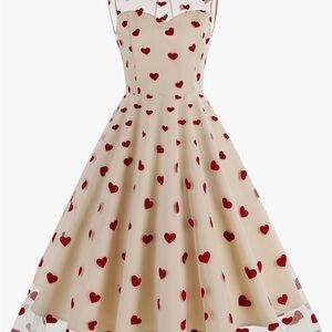 Cream and Red Heart Print A-line Midi Dress for Weddings